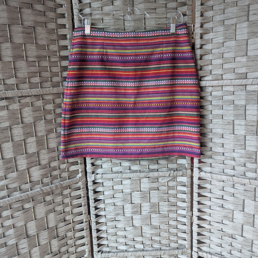 Rainbow Striped Mini Skirt Multicolor Woven Sz L Boho Festival Mod Retro 70's